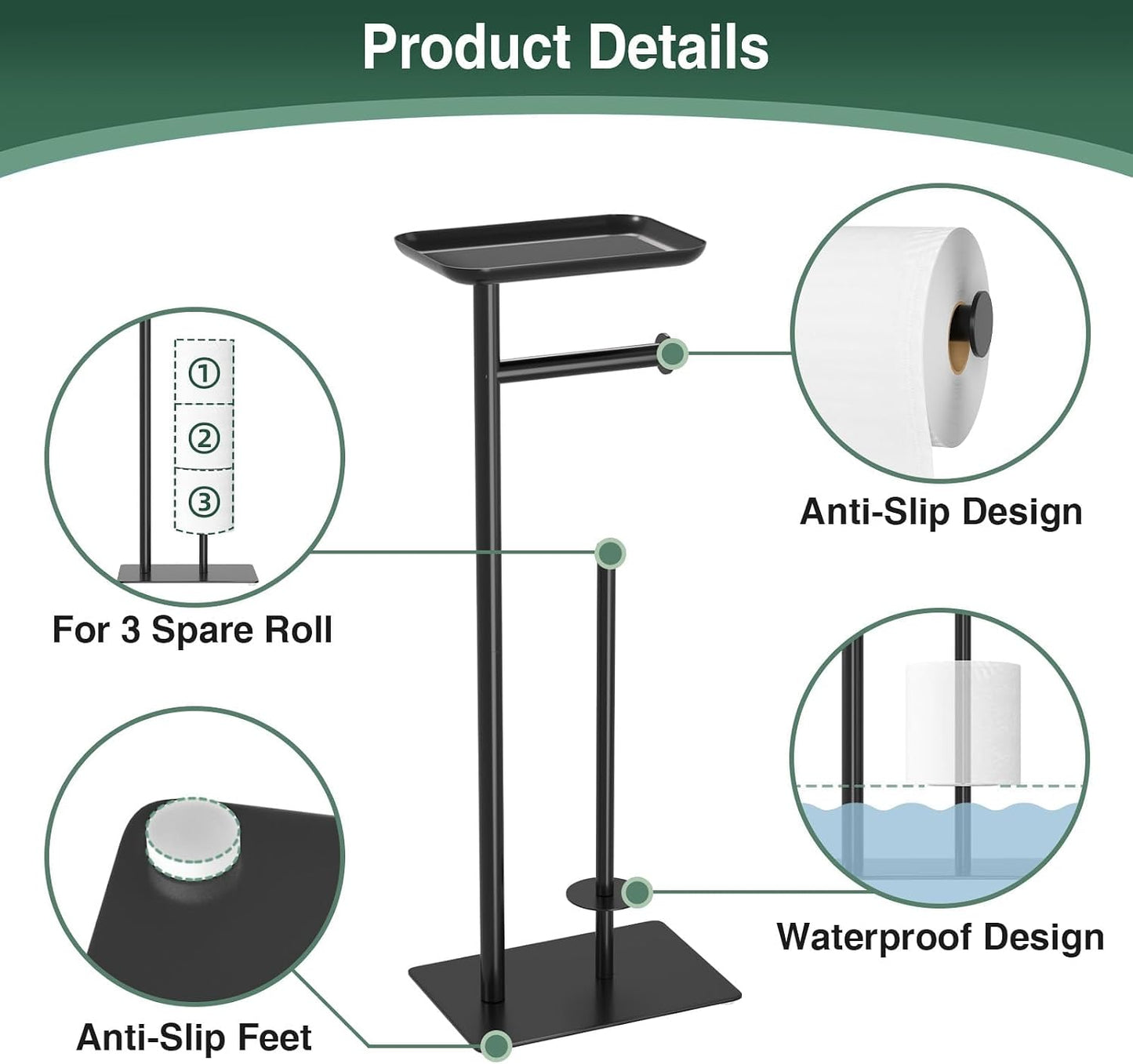 Toilet Paper Holder Stand with Top Storage Shelf | Free Standing Toilet Roll Dispenser for Bathroom, Holds 4 Reserve Rolls, Silver