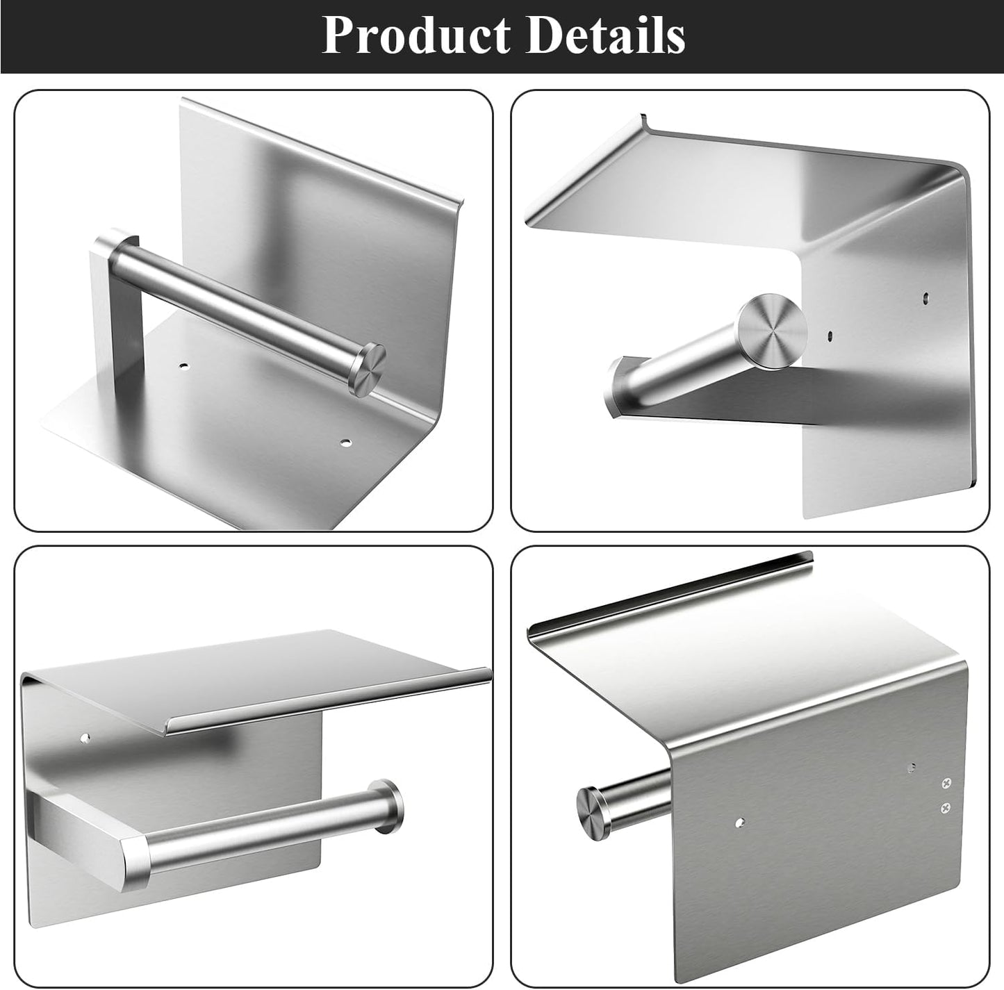 Tindbea Toilet Paper Holder Wall Mount + Towel Robe Hooks, Adhesive or Screw Wall Mounted Toilet Paper Roll Holder with Shelf, Stainless Steel Bathroom Organizers and Storage Kit (Brushed Gold)