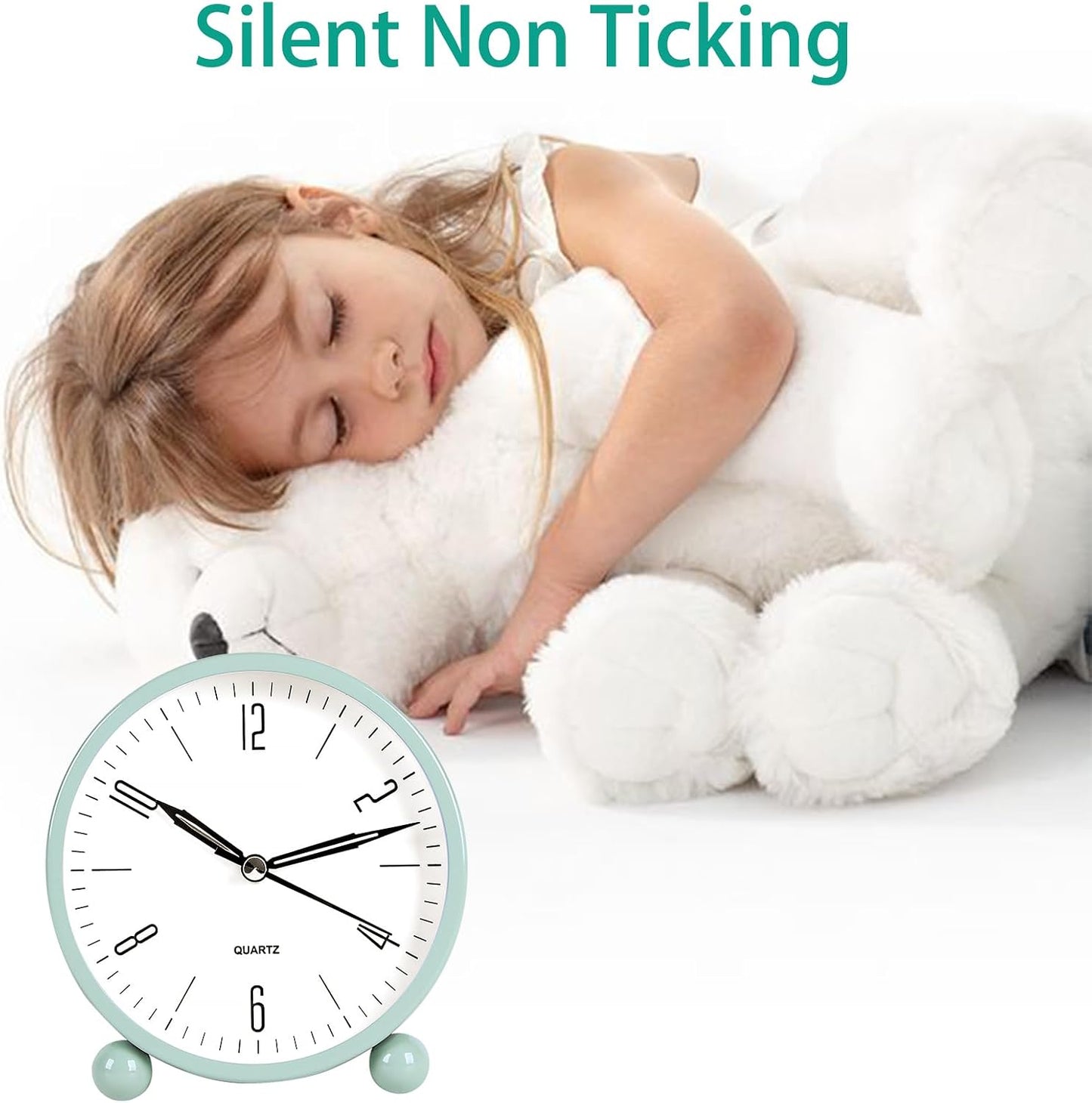 pxy Loud Alarm Clock for Heavy Sleepers 3D Dial Battery Operated (Battery Include), 4" Super Silent Analog Alarm Clock for Kids with Night Light PT260 Silver OrangePT505 Green White