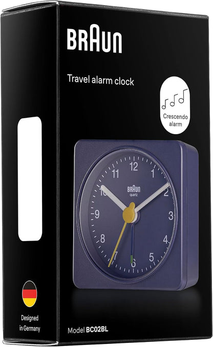 Braun Classic Travel Analogue Alarm Clock with Snooze and Light, Compact Size, Quiet Quartz Movement, Crescendo Beep Alarm in Black and White, Model BC02XBW.