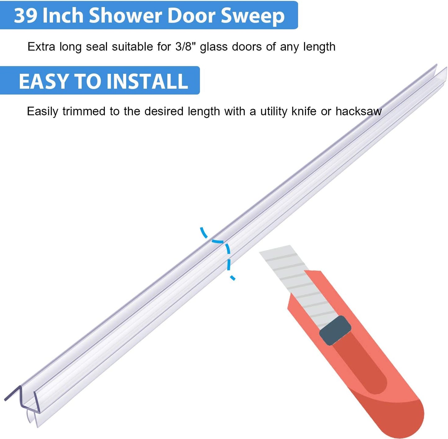Butecare Premium Frameless Shower Door Bottom Seal Strip for Glass Doors - Shower Door Seal Sweep (1/4”x 39”, Clear Vinyl)
