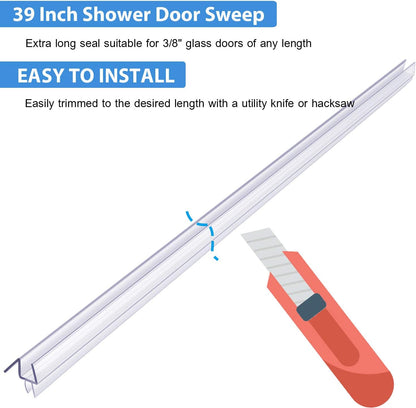 Butecare Premium Frameless Shower Door Bottom Seal Strip for Glass Doors - Shower Door Seal Sweep (1/4”x 39”, Clear Vinyl)