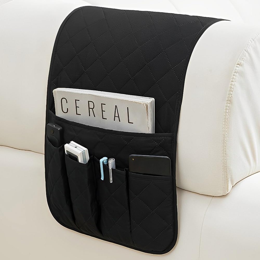 RETON Sofa Armrest Organizer with 5 Pockets, Non Slip Remote Control Caddy with 8 Pieces of Hook and Loop Fasteners, Armchair Caddy Holder Storage for Magazine Recliner Book TV Phone (Black)