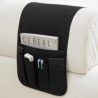 RETON Sofa Armrest Organizer with 5 Pockets, Non Slip Remote Control Caddy with 8 Pieces of Hook and Loop Fasteners, Armchair Caddy Holder Storage for Magazine Recliner Book TV Phone (Black)