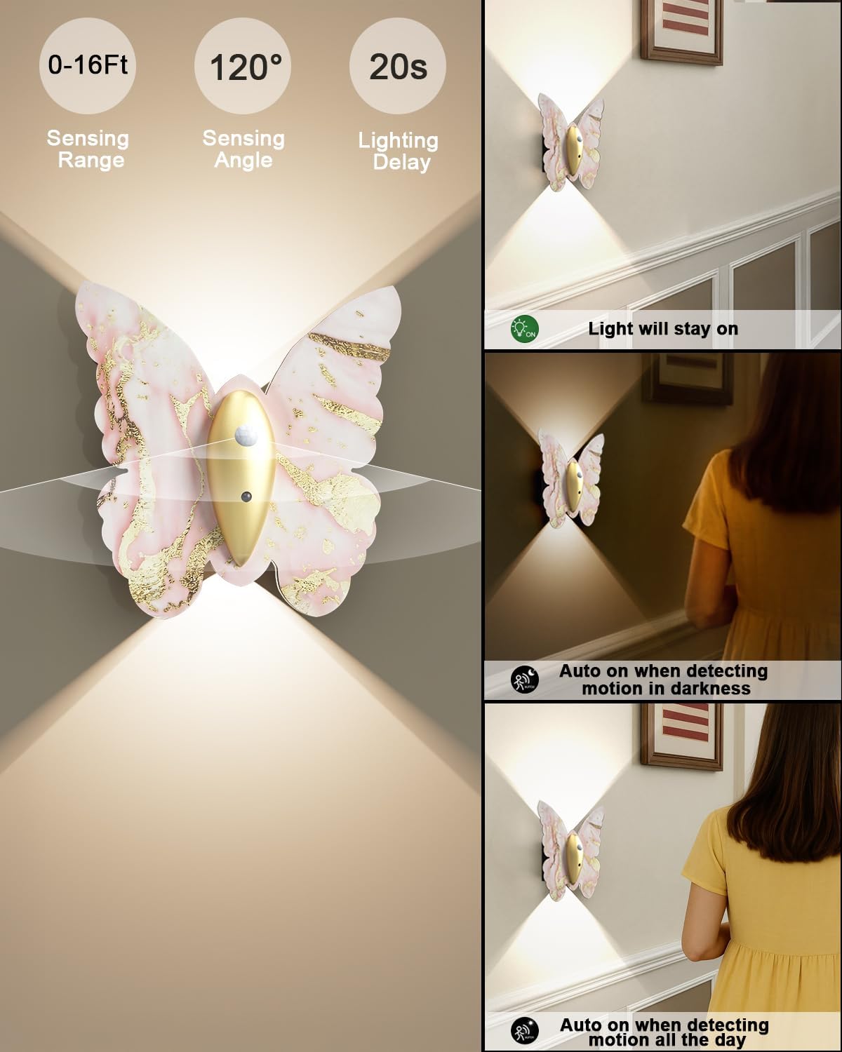 Eneru Motion Sensor Wall Sconce Set of 2, Rechargeable Wall Lights, Indoor