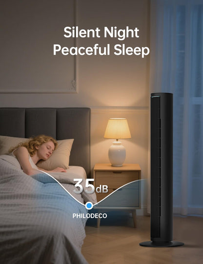 PHILODECO Tower Fan For Bedroom, 40 Inch Bladeless Fan, 80 ° Oscillating Fan, Silent Floor Fan With Remote Control Led, 4-Speed Multiple Modes, 7h Timer, Large Air Outlet