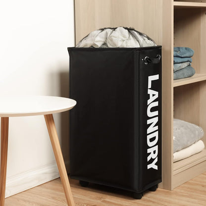 DOKEHOM 25" Slim Rolling Laundry Basket Hamper, Narrow on Wheels, Grey | Collapsible narrow laundry hamper with mesh drawstring closure. Foldable corner clothes storage bin for small spaces