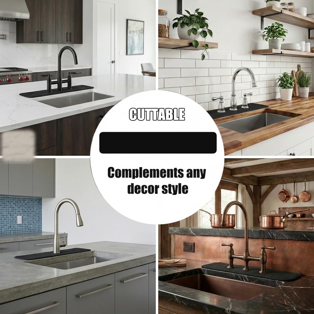 Customizable Kitchen Sink Faucet Mat: 33"Lx5.5"W Absorbent Splash Guard | Non-slip Fabric Rubber Mat, Cut to Fit 2,3,4 Holes Irregular Large Double bowl Sink with Soap Dispenser Air Gap