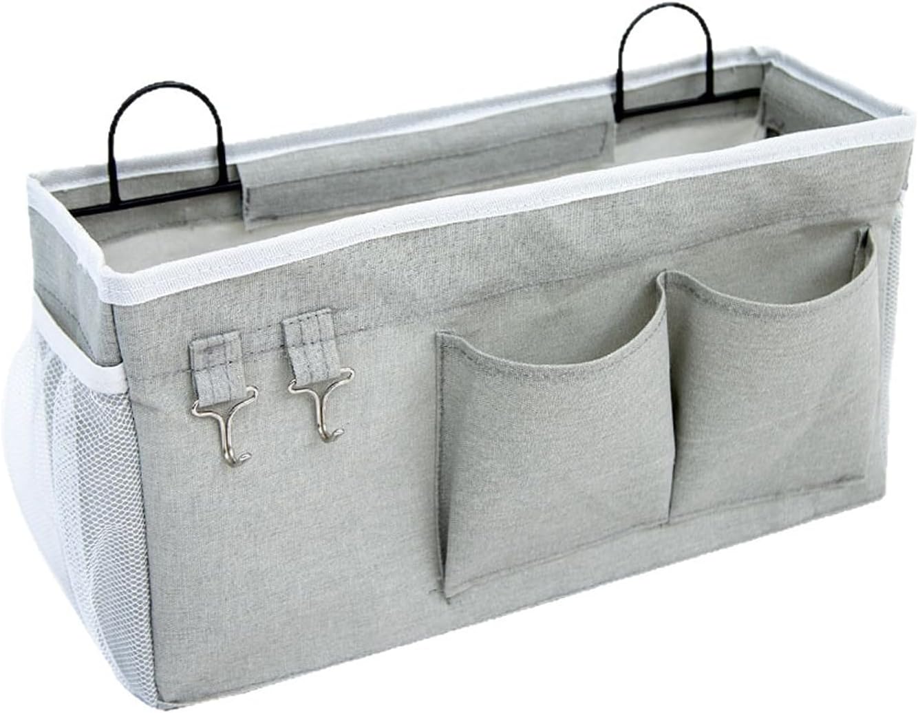 Bedside Storage Caddy with Metal Hooks,Hanging Bedside Organizer | Large Capacity Bag for Dorm Bunk Bed Headboard, Remote Phone Book Holder (Grey) (2)