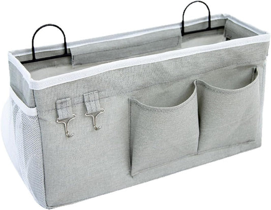 Bedside Storage Caddy with Metal Hooks,Hanging Bedside Organizer | Large Capacity Bag for Dorm Bunk Bed Headboard, Remote Phone Book Holder (Grey) (2)