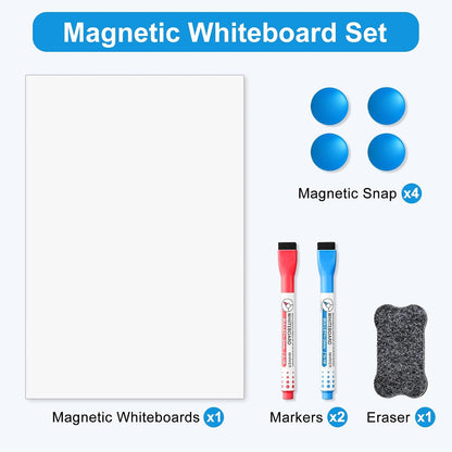Magnetic Whiteboard for Fridge, 4-Pack Dry Erase Boards (12×8 in) with 5 Markers & Eraser, Strong Magnet & Stain-Resistant Surface, Reusable Message Board for Fridge, Family Planner & Kitchen Notes