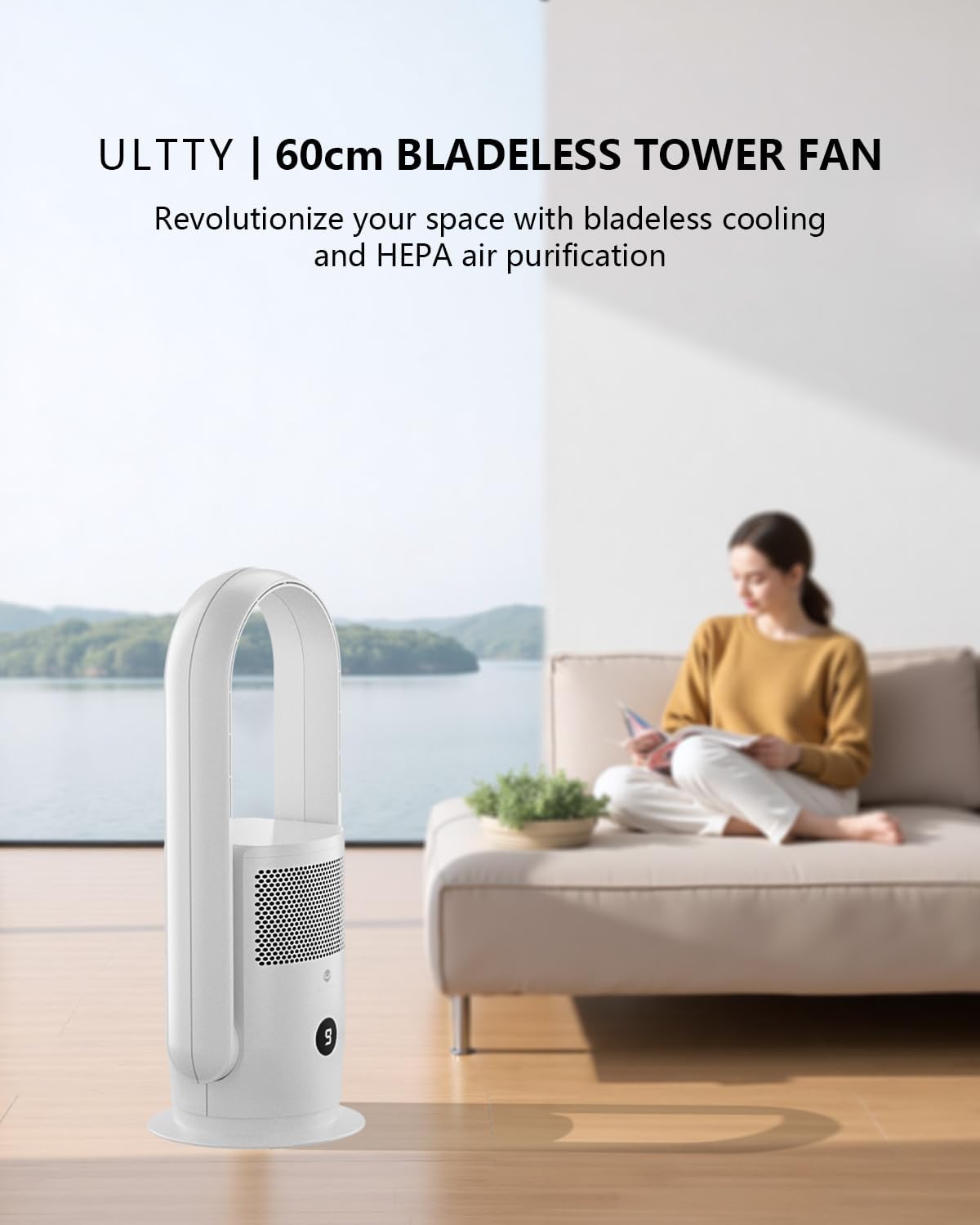 ULTTY Bladeless Tower Fan and Air Purifier Combo, Quiet Oscillating Fan with Remote & Touch Control, 9 Speeds, 8H Timer, HEPA Air Filter, Safe Floor Fan for Bedroom Home Office Black, 23.5"inch