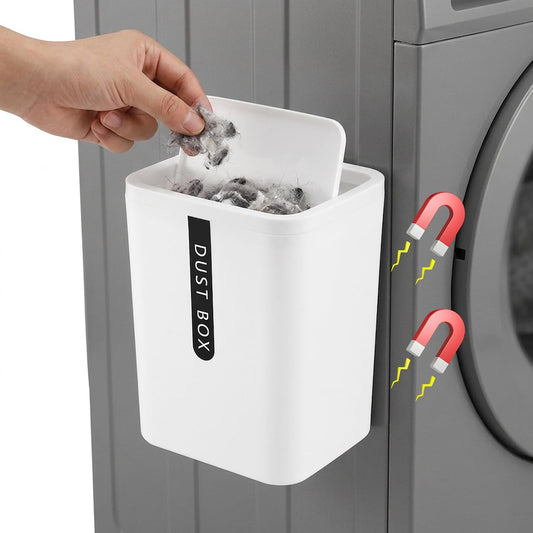 Rainmae Magnetic Lint Bin with Lid for Laundry Room Wall Mount Dryer Lint Holder Box Compact Laundry Room Storage Organizer Small White Modern Dust Trash Can for Indoor Storage Decoration