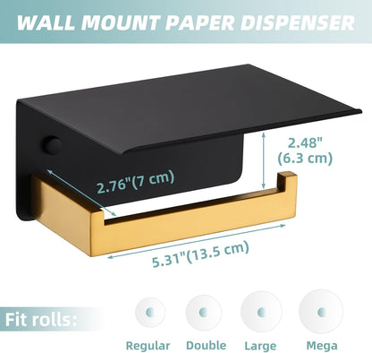 APLusee Matte Black Toilet Paper Holder with Storage Shelf, Wall Mounted | Rustproof 304 Stainless Steel, 2-in-1 Functional Toilet Paper and Phone Storage, Fits Bathroom, Restroom, Vanity, Kitchen