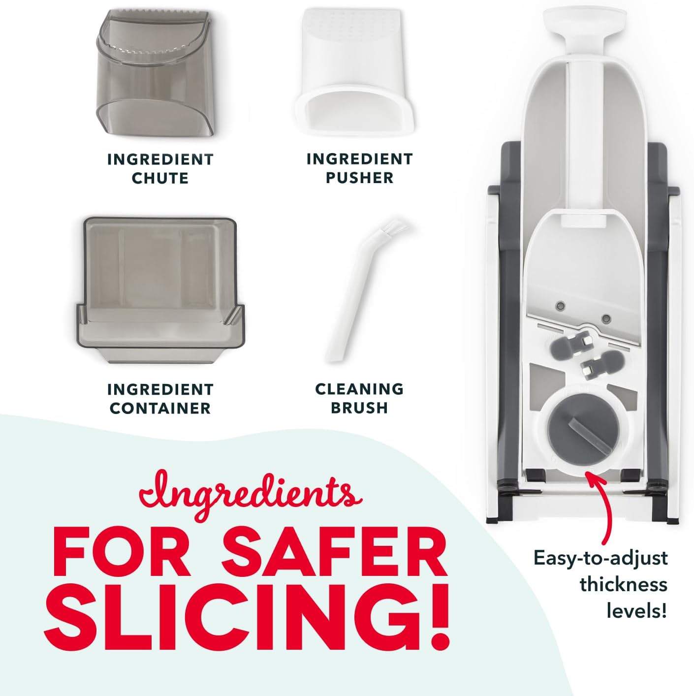 Dash Safe Slice Mandoline Slicer, Adjustable 30+ Combos, Aqua | Vegetable, Potato & Onion slicer, 1-8mm Thickness, Julienne, Matchstick & Dice Cuts, Folds Flat, Stainless Steel Blades