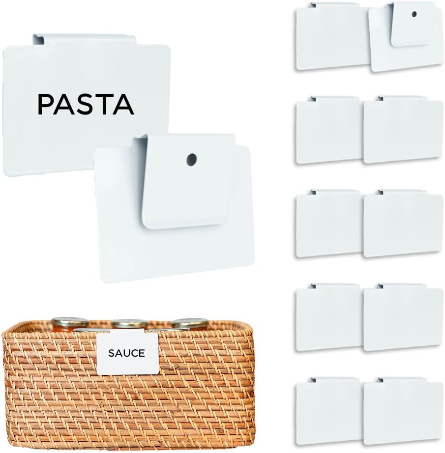 Storage Bin Label Holders Clip-On – 10 Pack Metal Basket Labels for Pantry, Baskets, Shelves & Organization Bins, 3.5” x 2.5