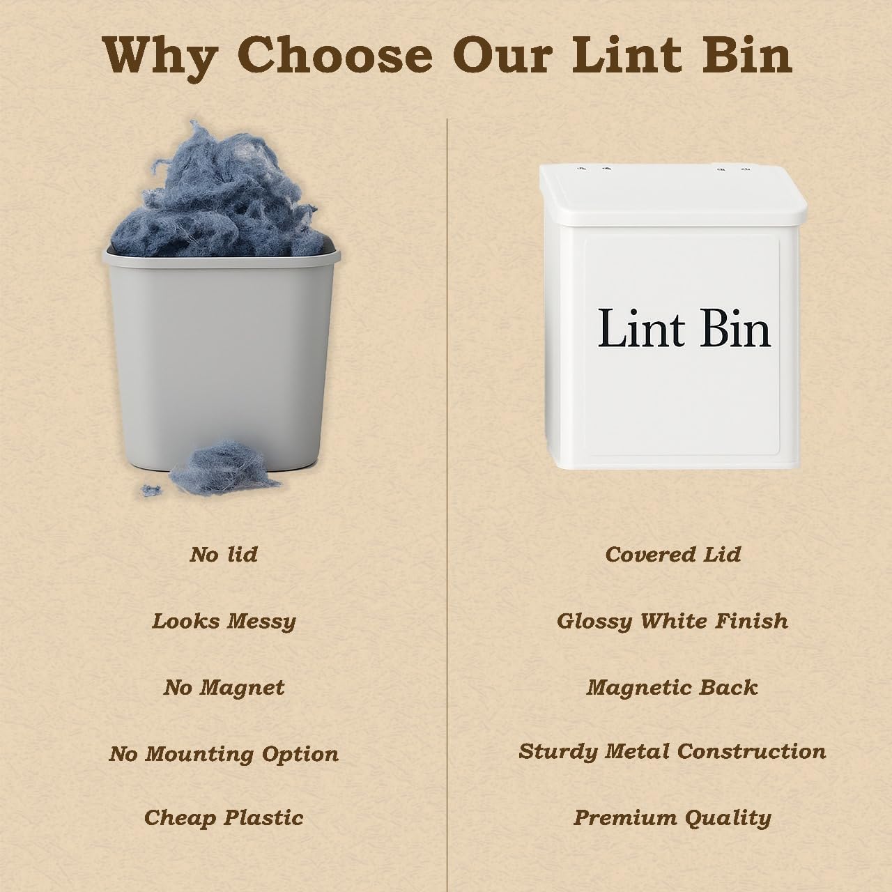Magnetic Lint Bin for Laundry Room Organization & Storage, Wall-Mounted Dryer Lint Bin Trash Can with Lid, Lint Box Includes Brush, 2 White Hooks, 1 Black Hook, Screws & Magnet Glue (White)
