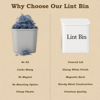 Magnetic Lint Bin for Laundry Room Organization & Storage, Wall-Mounted Dryer Lint Bin Trash Can with Lid, Lint Box Includes Brush, 2 White Hooks, 1 Black Hook, Screws & Magnet Glue (White)