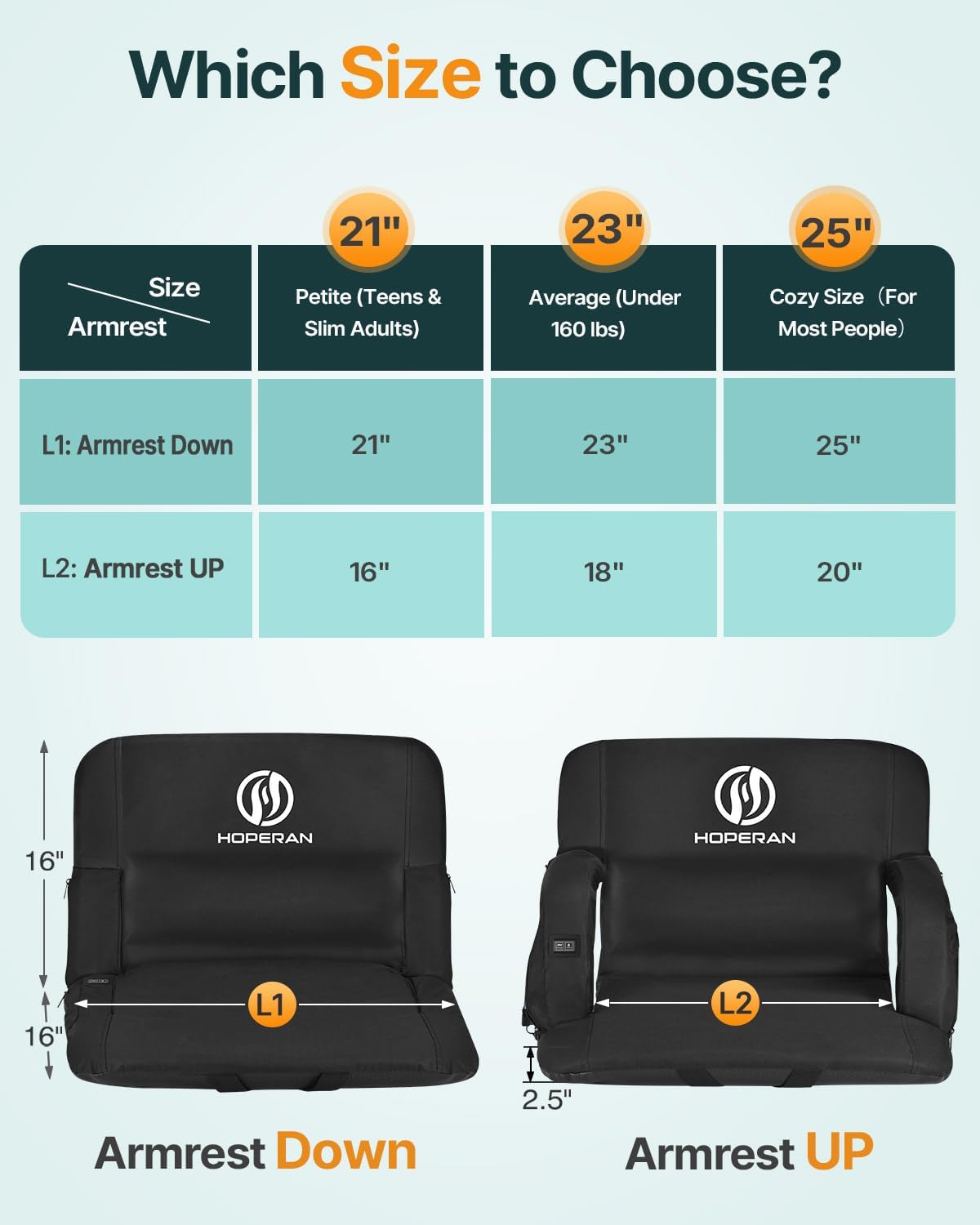 HOPERAN Massage Heated Stadium Seats for Bleachers, Dual Control, Portable | Back Massage, Seat Heated (Battery Not Included), Lumbar Pillow, 6 Recliner, Soft Cushion, Anti-Slip Stability, Side Pockets