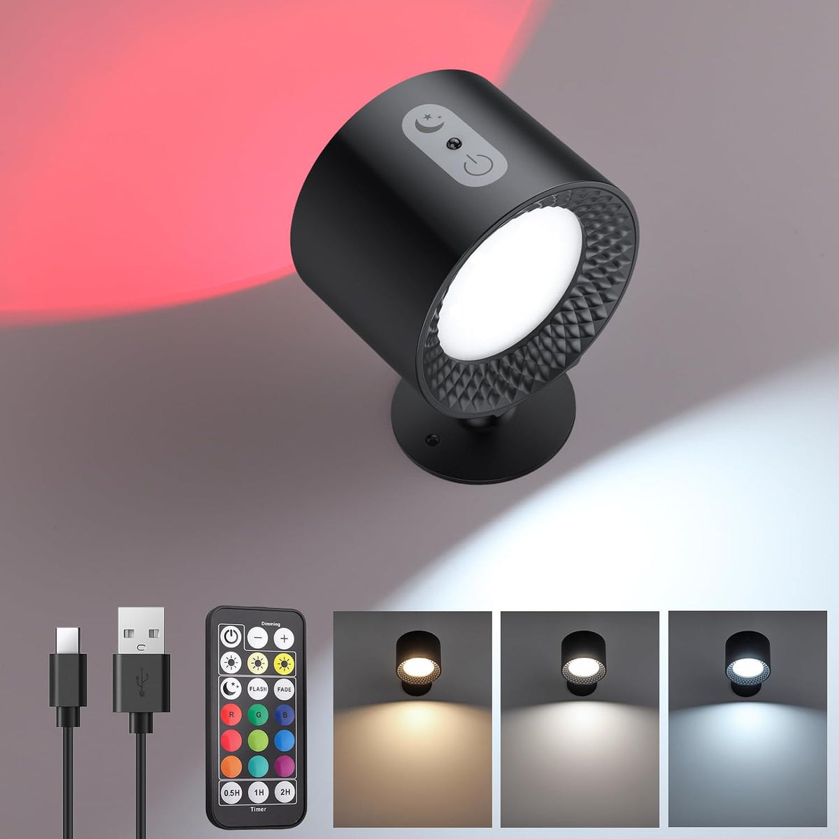 1PCS Wall Mounted Light Lamp Rechargeable Wall Sconces 3 Color Temps 9 RGB