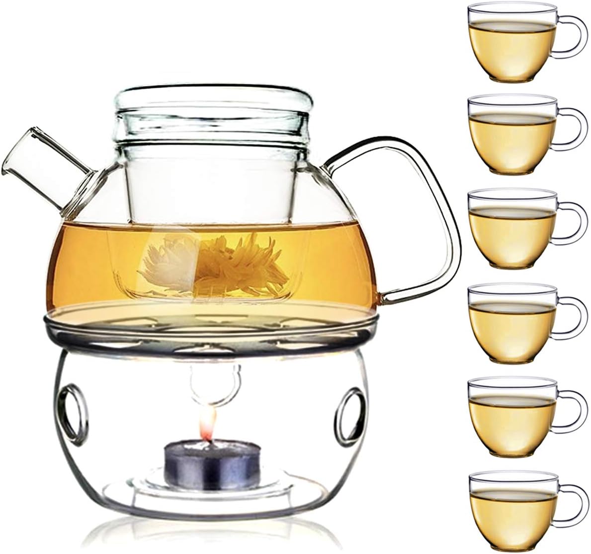 Glass Filtering Tea Maker Teapot with a Warmer and 6 Double-walled Tea Cups Set (Heating base, Standard)