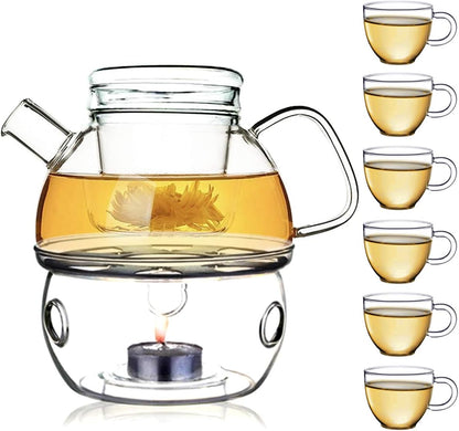 Glass Filtering Tea Maker Teapot with a Warmer and 6 Double-walled Tea Cups Set (Heating base, Standard)