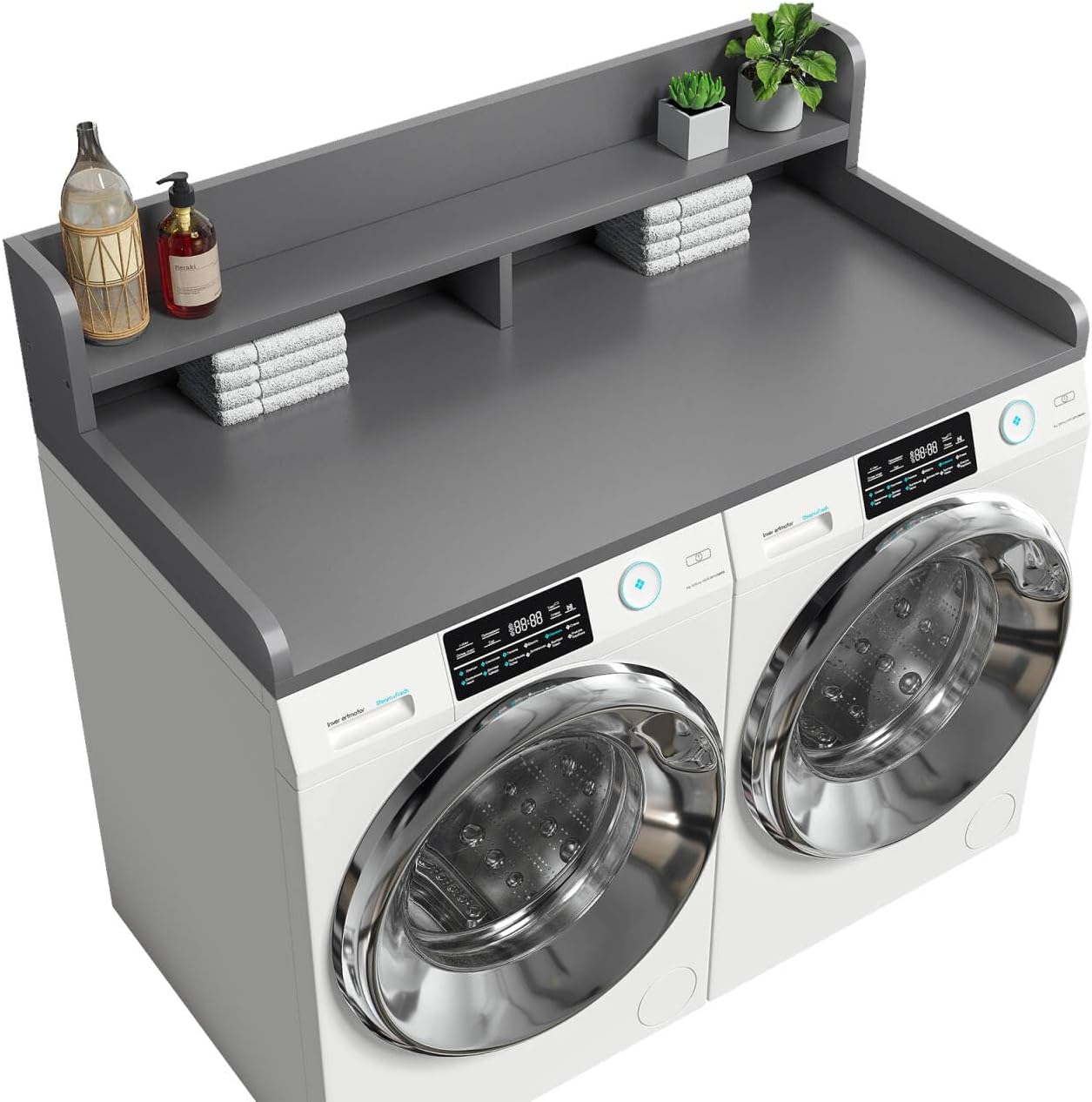 2-Tier Washer Dryer Countertop with 2.75" H Edge Rails, 54" W x 27.55" D Laundry Countertop for Folding Clothes, Washer and Dryer Topper with Non-Slip Pad (Dark Walnut)