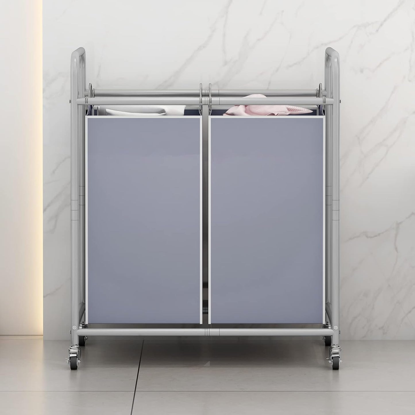 SUOERNUO Laundry Hamper with Lockable Wheels and 2 Removable Bags | Rolling Laundry Basket Laundry Sorter 2 section for Dirty Clothes in Laundry Room or Small Spaces, Grey+Beige