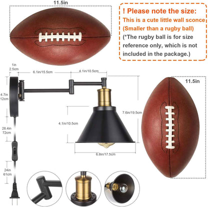 Swing Arm Wall Lamp Plug-in Cord Industrial Wall Sconce, Bronze and Black Finish,with On/Off Switch, E26 Base,1-Light Bedroom Wall Lights Fixtures,Bedside Reading Lamp