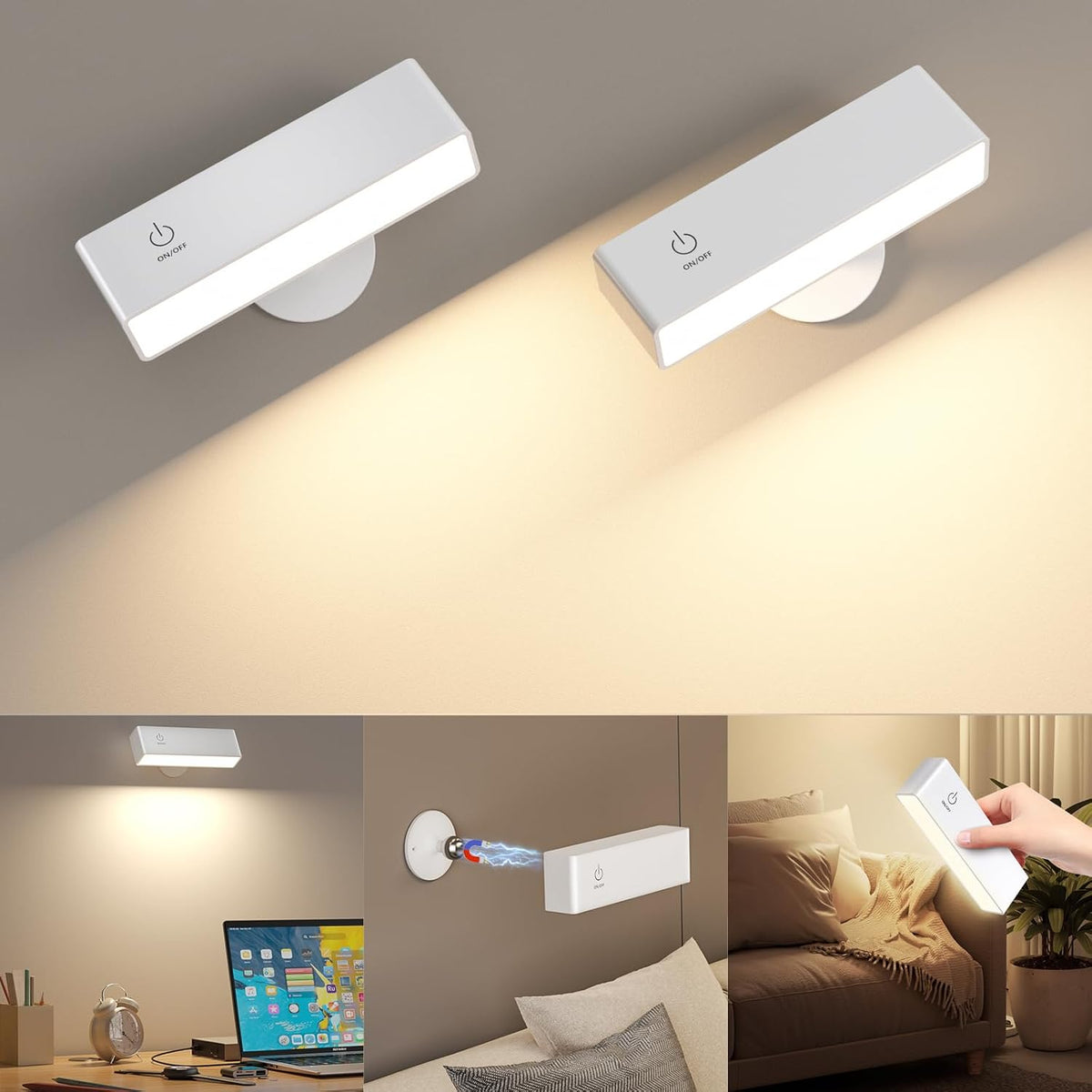 YiLaie Battery Operated Wall Sconces Set of 2, LED Wall Mounted Lights with 4000mAh Rechargeable Battery Operated, 360° Rotate Magnetic Wall Lamp, Dimmable Reading Light for Bedroom, Bedside, Black