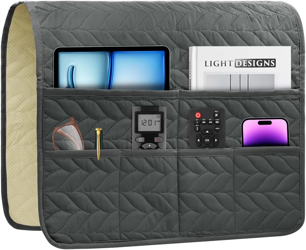 Remote Control Holder for Recliner, Sofa Armrest Organizer with Non-Slip Base, Tv Remote Holder Couch Caddy Armchair Caddy Bedside Organizer with 6 Pockets for Magazine, Tablet, Phone (Beige)