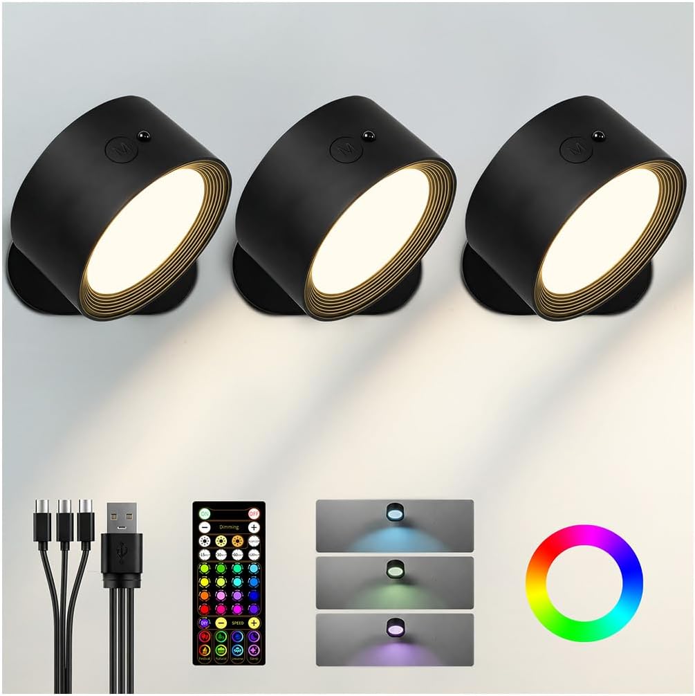 LED Wall Mounted Lights, Rechargeable Wall Sconces, 3 Color Temps, Remote & Touch, 360° Rotating and Dimmable for Bedroom, Bedside & Reading (Black, 2 Pack)