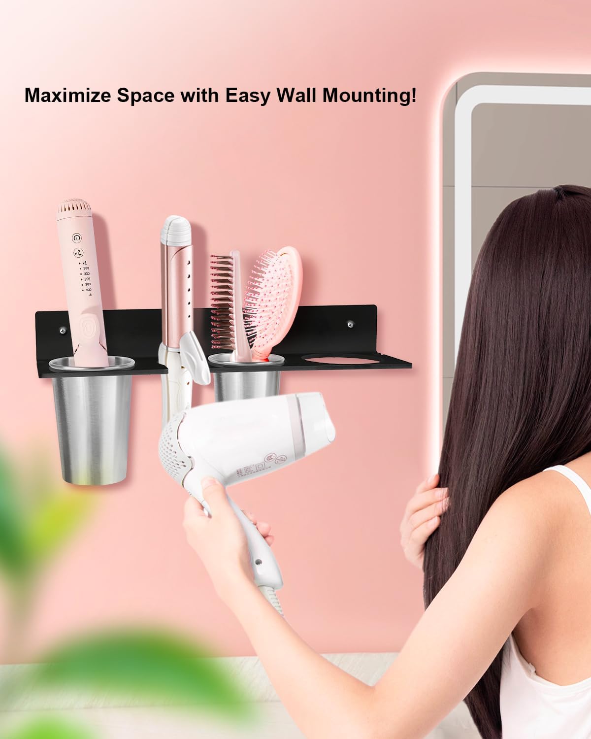 Hair Tool Organizer, Hair Dryer Holder with Heatproof Steel Cups, Acrylic Vanity Organizer for Curling Iron, Flat Iron & Hair Brushes, Perfect for Bathroom (White, Standard)