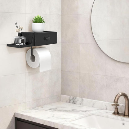 Lifewit Toilet Paper Holder Wall Mount with Shelf & Drawer, Black, 1 Pack | Screw or adhesive installation, sturdy bathroom tissue storage, holds wipes & small toiletries, bathroom accessory organizer