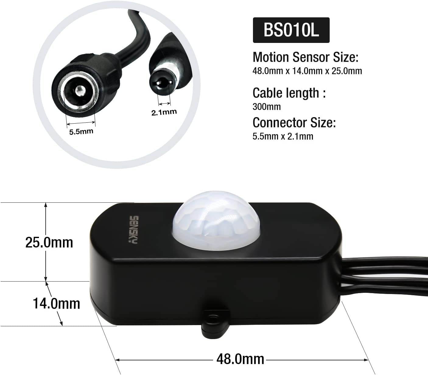 SENSKY BS010L DC 12V to 30V 3A Mini Pir Motion Sensor Switch,Occupancy Sensor Switch for Gun Safe, Kitchen Cabinet, Pantry, Closet led lighting (Black-With Light Sensor)