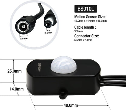 SENSKY BS010L DC 12V to 30V 3A Mini Pir Motion Sensor Switch,Occupancy Sensor Switch for Gun Safe, Kitchen Cabinet, Pantry, Closet led lighting (Black-With Light Sensor)