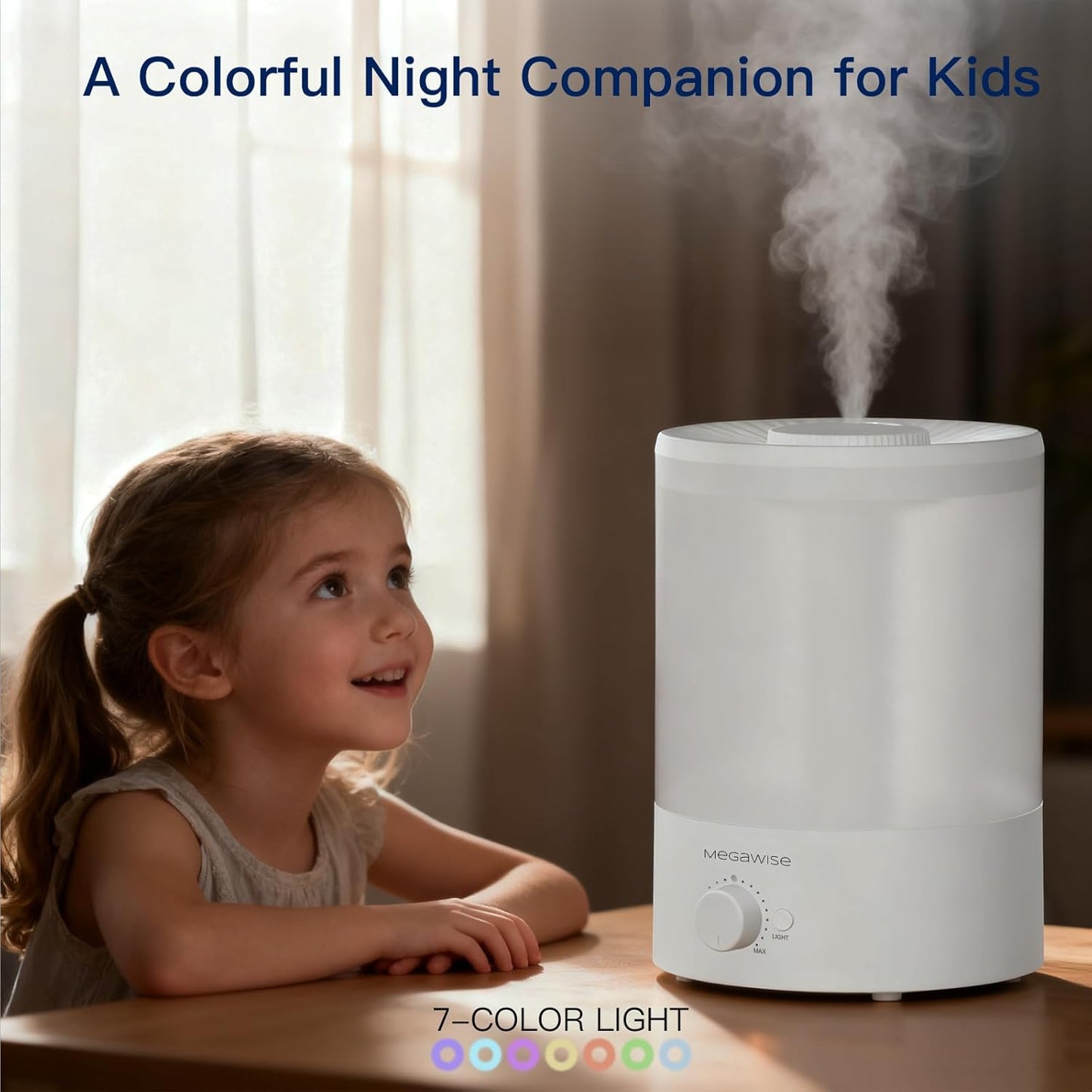 MEGAWISE 3.5L Cool Mist Humidifier – Ultra-Quiet Ultrasonic Vaporizer with Top-Fill Design, Essential Oil Diffuser, 7-Color Night Light & Auto Shut-Off