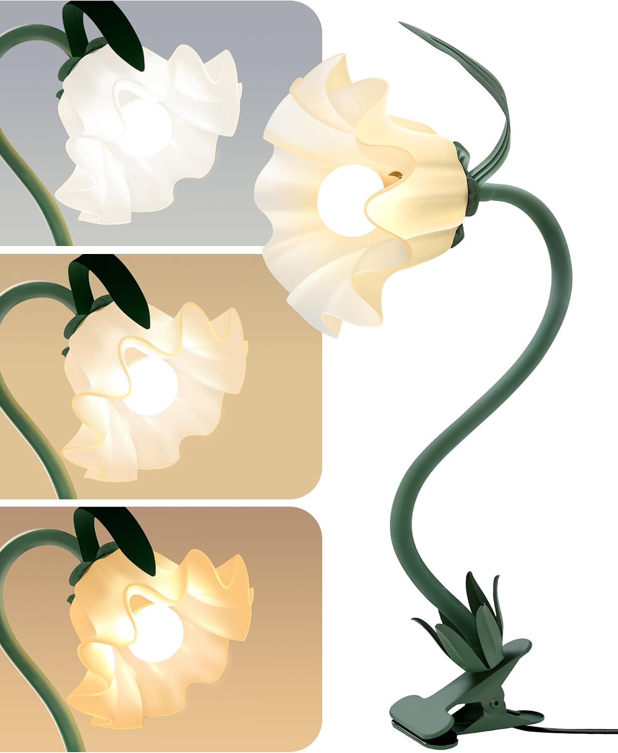 Clip On Light and Bed Headboard Lamp,Valentines Day Gifts for Women,Flower Desk Lamp with 3 Color Modes,USB Power Gooseneck Reading Light,Night Light for Nursery,College Dorm Room Essentials (Green)