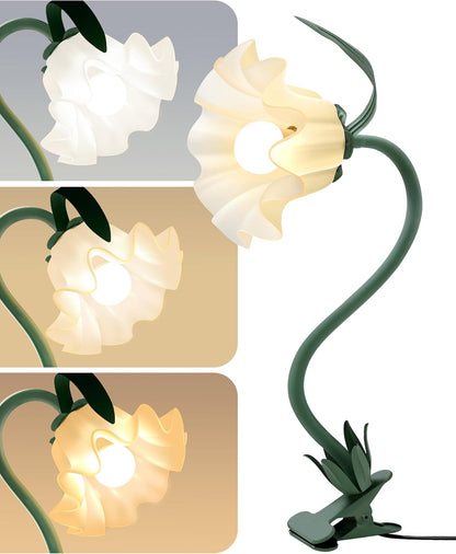 Clip On Light and Bed Headboard Lamp,Valentines Day Gifts for Women,Flower Desk Lamp with 3 Color Modes,USB Power Gooseneck Reading Light,Night Light for Nursery,College Dorm Room Essentials (Green)