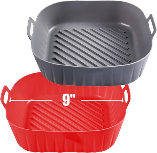 Golden Associate Silicone Liners Square for Air Fryer, 2 Pcs Non-stick Food-grade Reusable Basket Silicone Pot Baking Tray Airfryer Accessories, Top Size 9 inches, Bottom Size 8 inches