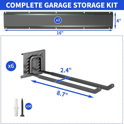 Garage Tool Organizer Wall Mount, 48 Inch Heavy Duty Garden Tool Organizer Storage System, Easy Install with 6 Adjustable Straight Hooks, for Garage, Basement, Shed, Workshop, Black, Steel