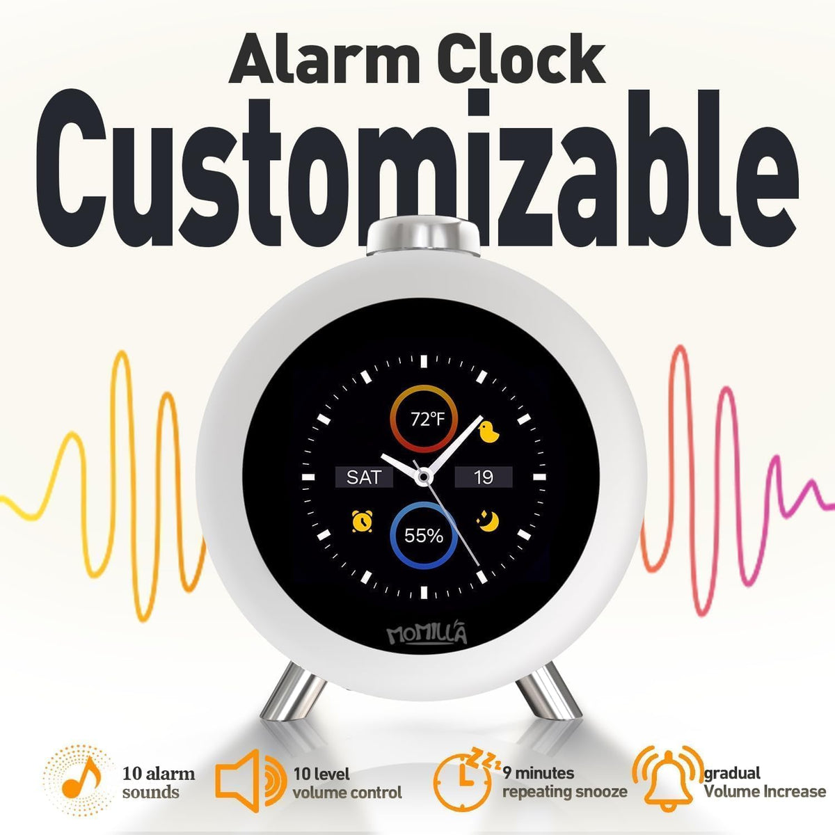MOMILLA Alarm Clocks for Bedrooms, 2.8" Color Display, 4 Alarms Easy to Set
