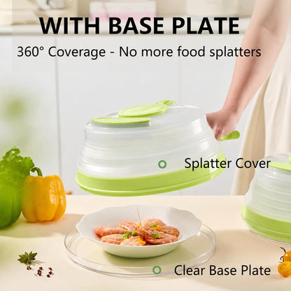 Microwave Splatter Cover with Base Plate and Water Steamer,Collapsible Microwave Cover for Food with Handle and Seasoning Groove, Clear Plate Covers,Food Safe,BPA Free,House Gifts (Creamy White)