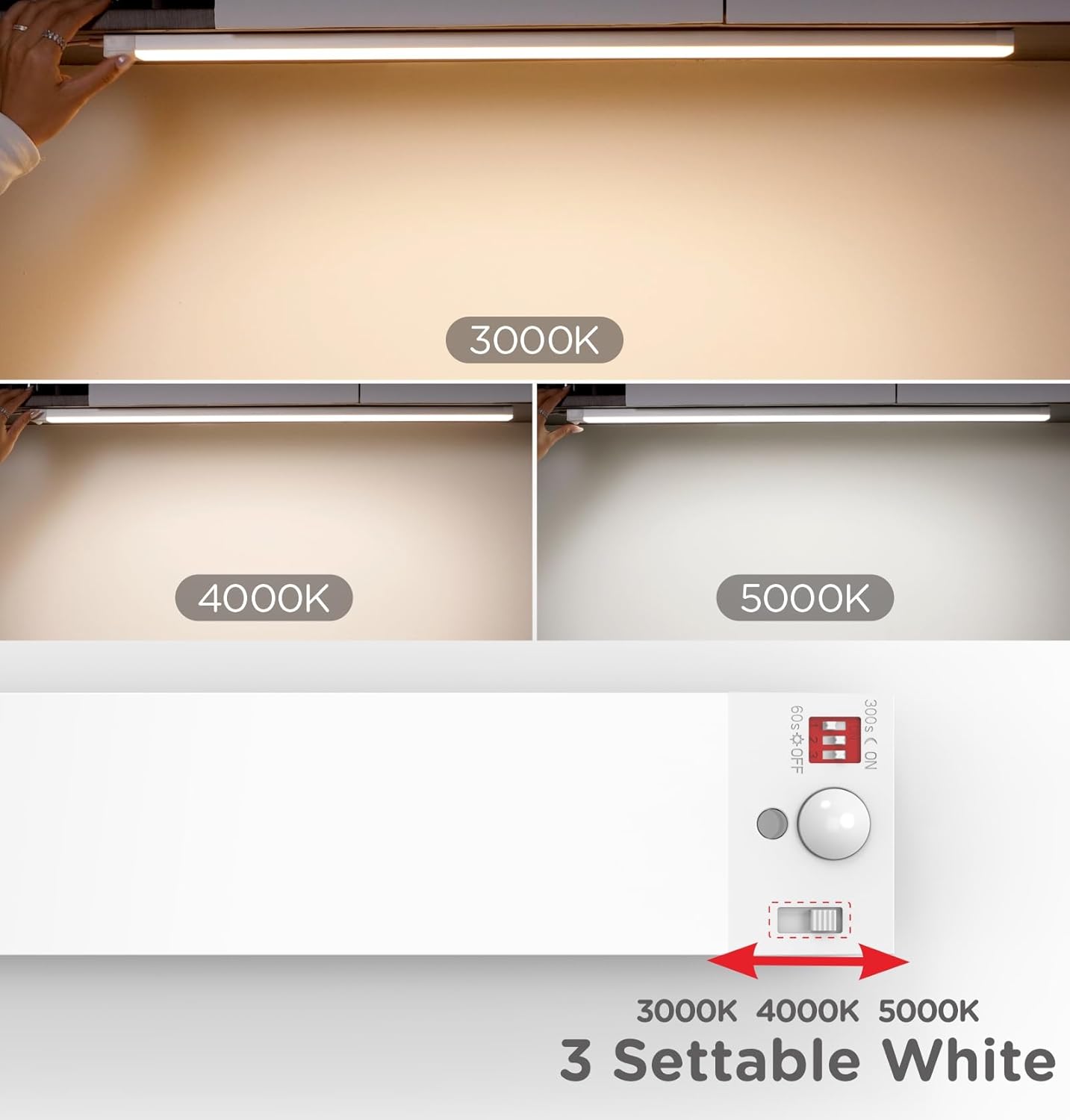 Leetdud Under Cabinet Lighting Plug in 16 Inch, 120V Motion Sensor Lights Indoor, 3CCT 3000/4000/5000K, Aluminum Linkable Super Bright LED Counter Light with Timer for Kitchen, Closet, White, 1 Pack