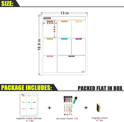 Magnetic Calendar for Fridge, Dry Erase Weekly Planner, 13" x 16.9" | Strong Magnetic Hold, Vertical Weekly Layout, Large Daily Spaces, Easy to Clean, Color-Coded, Dual-Magnet Markers & Eraser