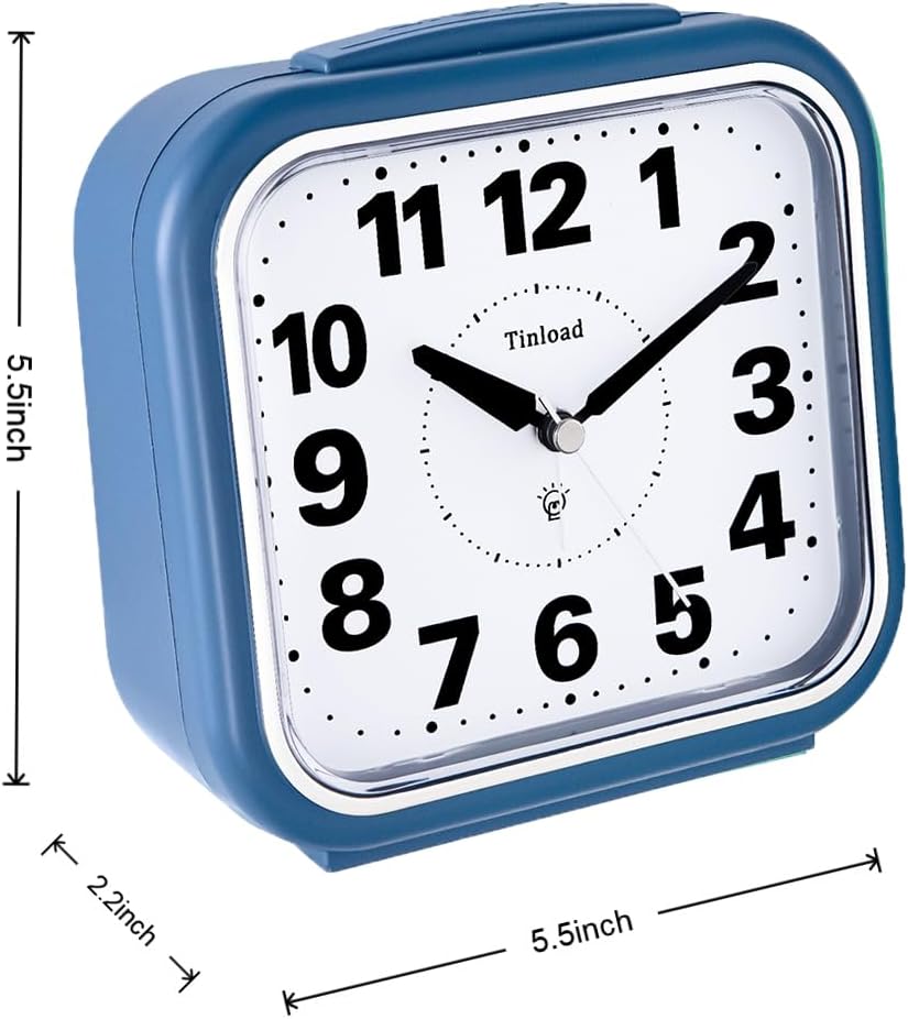 Tinload 5.5" Large No Ticking Analog Alarm Clock,Silent Readable for Seniors,Easy to Set,Gradual Rise Alarm,Big Numbers,Gentle Wake,Snooze, Lighted on Demand,Battery Operated,Black