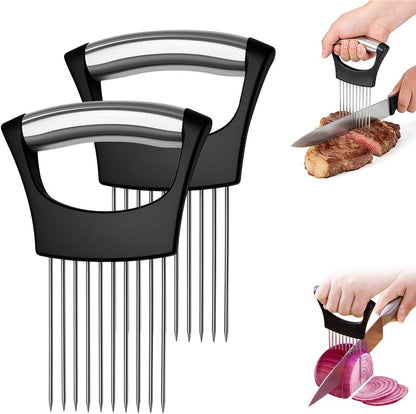 Stainless Steel Onion Holder for Slicing, Onion Slicer and Cutter, Kitchen Utensil for Onions, Tomatoes, Avocados, Eggs, Meat and Vegetables (4Pcs)