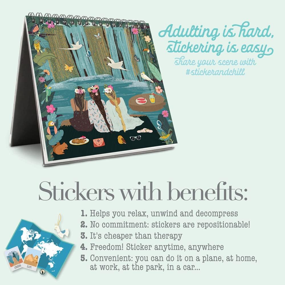 Sticker & Chill Sticker Book for Adults – 700+ Repositionable Colorful Clings Create Designs on 10 Spiral Bound Scene Pages – Easy, Fun & Stress Relieving Relaxation Activity – Wanderlust Series