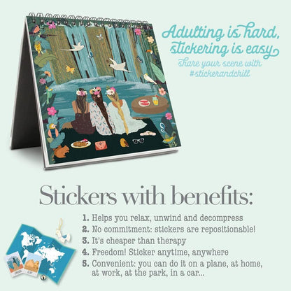 Sticker & Chill Sticker Book for Adults – 700+ Repositionable Colorful Clings Create Designs on 10 Spiral Bound Scene Pages – Easy, Fun & Stress Relieving Relaxation Activity – Wanderlust Series