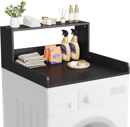 Washer Dryer Countertop with Shelf, 27.5" D x 27.5" W x 12.6" H, Sturdy Wood Frame, Countertop for Washer and Dryer, Non-Slip Pads & Edge Rails, Laundry Room Storage(Black)